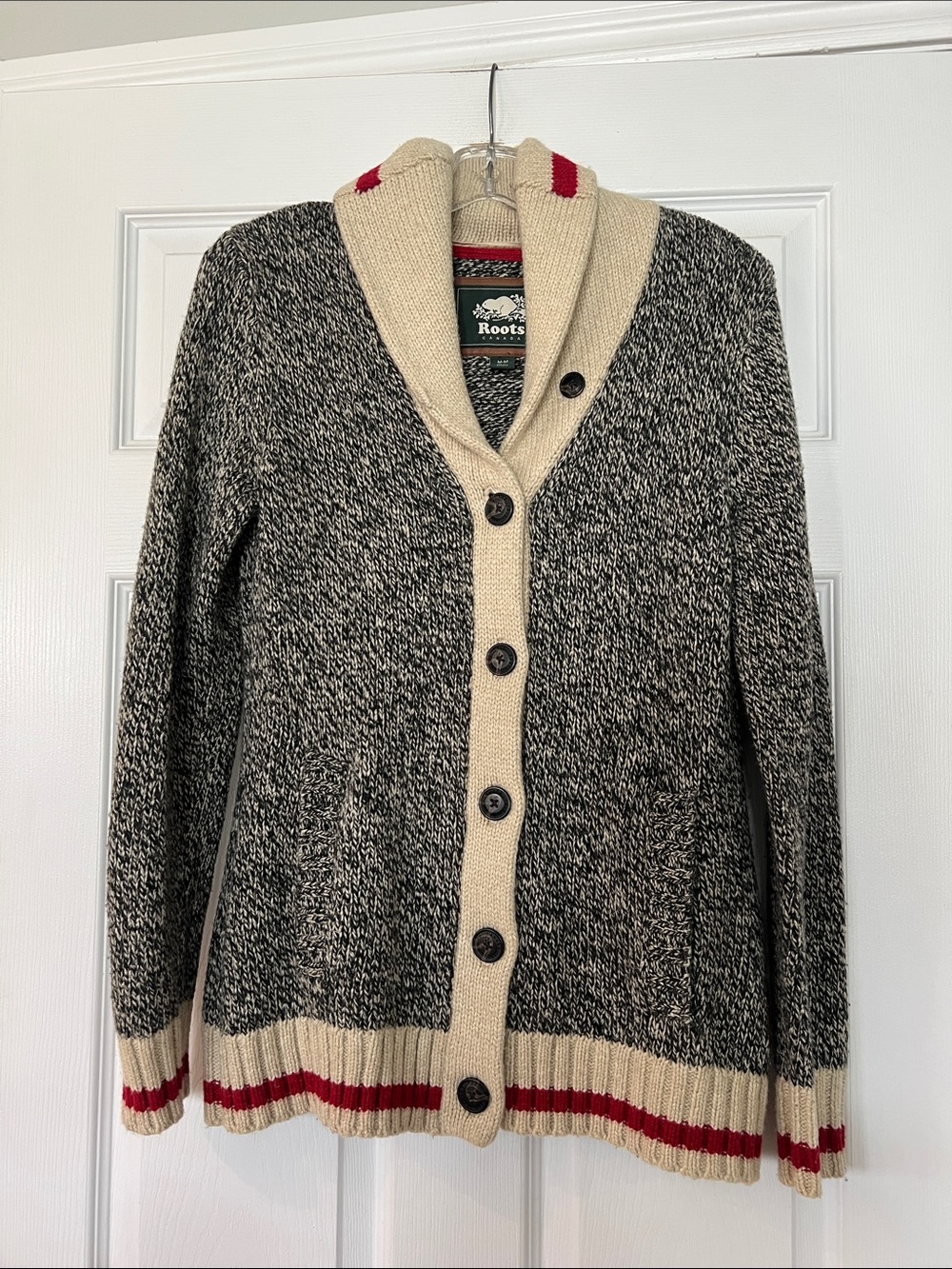 Roots Black & Cream Shawl Collar Cardigan with Red Trim